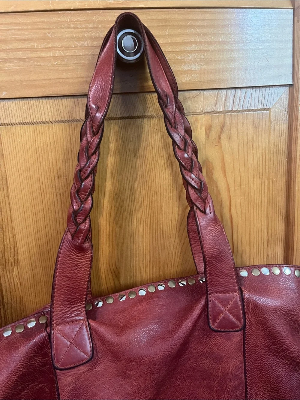 Leather Stud-Trim Tote with Braided Handles - Rust Red